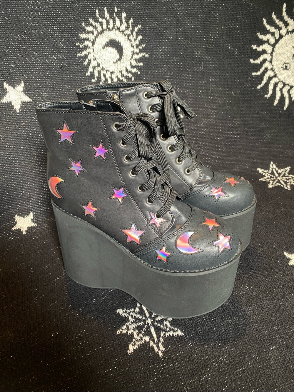 Dollskill N.y.l.a pink holographic moon and stars rave platform wedges